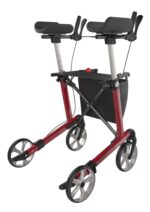 Red rollator featuring padded armrests, a storage bag, and four wheels for mobility assistance.