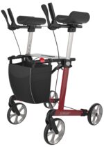 Red walking aid with a storage basket and adjustable handles for support.