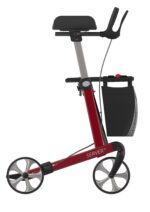 Red walking aid with a seat, handlebars, and a storage bag attached at the back.