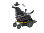 Black electric wheelchair with adjustable seating and armrests, featuring four wheels.