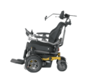Electric wheelchair with a black seat and yellow accents, featuring adjustable armrests and joystick controls.