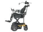 Side view of an electric wheelchair featuring an adjustable seat height and control panel.