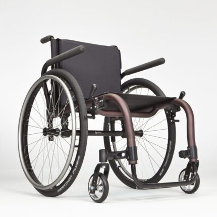 Manual wheelchair featuring a black fabric seat and large wheels for mobility.