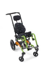Child's wheelchair featuring a black seat with star patterns and a green frame.