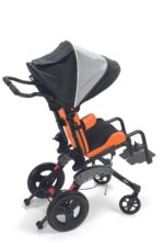 A wheelchair with an orange seat and a black and grey sunshade attached to the back.