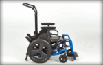 Foldable wheelchair featuring a black frame and blue accents, positioned upright.
