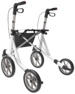 White rollator with four wheels, hand grips, and a storage basket.