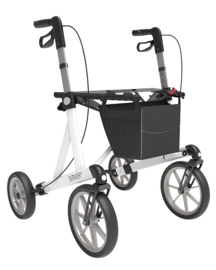 White mobility walker with a black storage basket and four wheels.