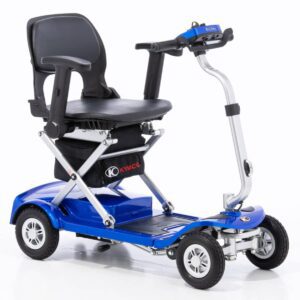 Home 25 Younique Healthcare & Mobility | Wheely Good Wheelchairs in the West Midlands | 0121 630 3850 Compact blue folding mobility scooter with a black seat and handlebars.