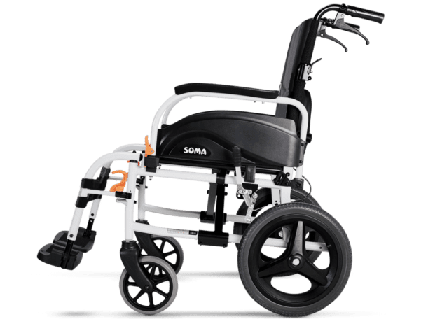 Image: A manual wheelchair that you push for someone else called The Karma Agile Wheelchair is shown in white on a green background