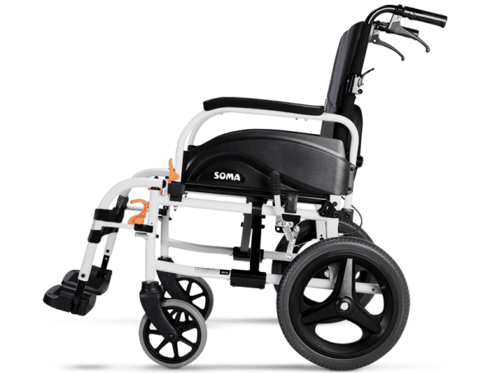 Image: A manual wheelchair that you push for someone else called The Karma Agile Wheelchair is shown in white on a green background