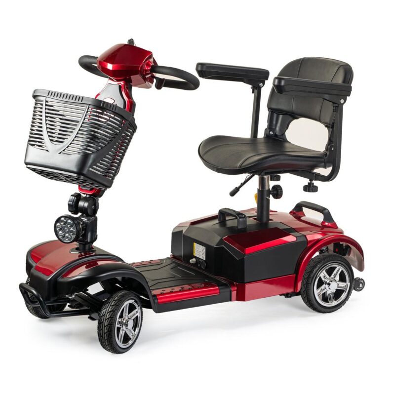 Red mobility scooter with a basket, seat, and front light, designed for personal transport.