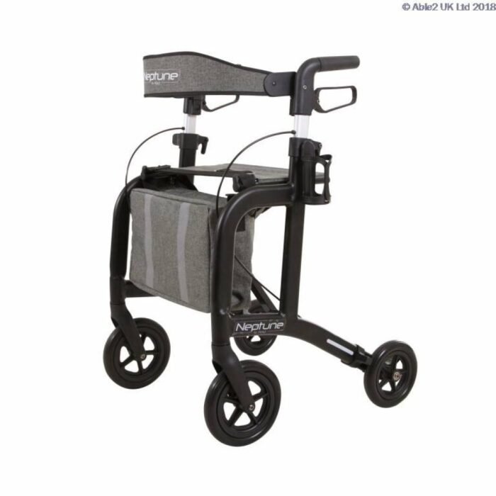 Neptune lightweight rollator walker with a gray fabric seat and storage bag, designed for mobility assistance and support.