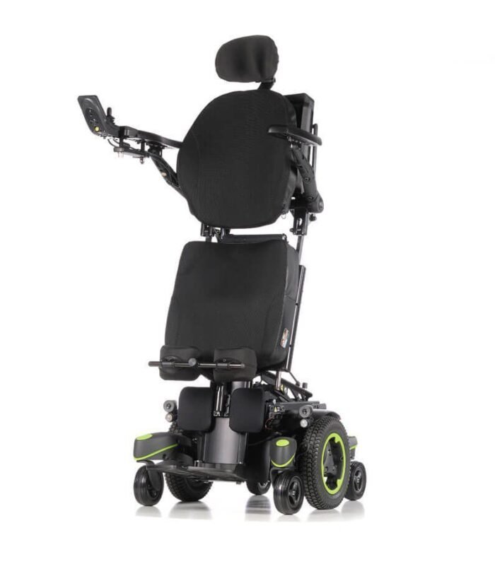 Image: Quickie standing wheelchair with sleek design and vibrant green accents, showcasing its innovative mobility features.