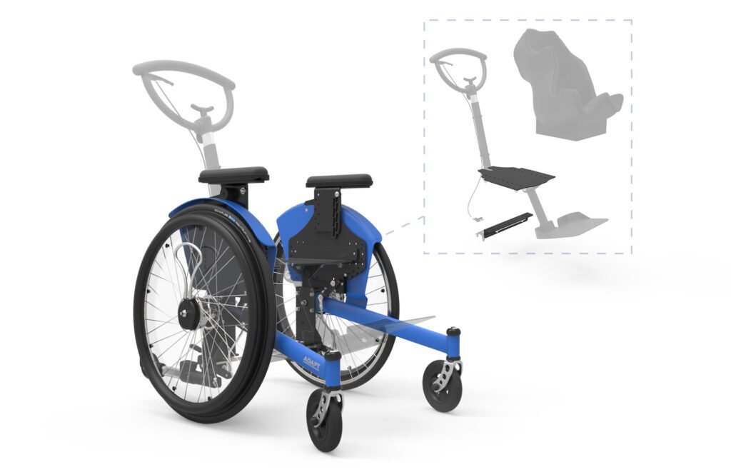 Image: a wheelchair frame that is tilt in space and can hold any seat system