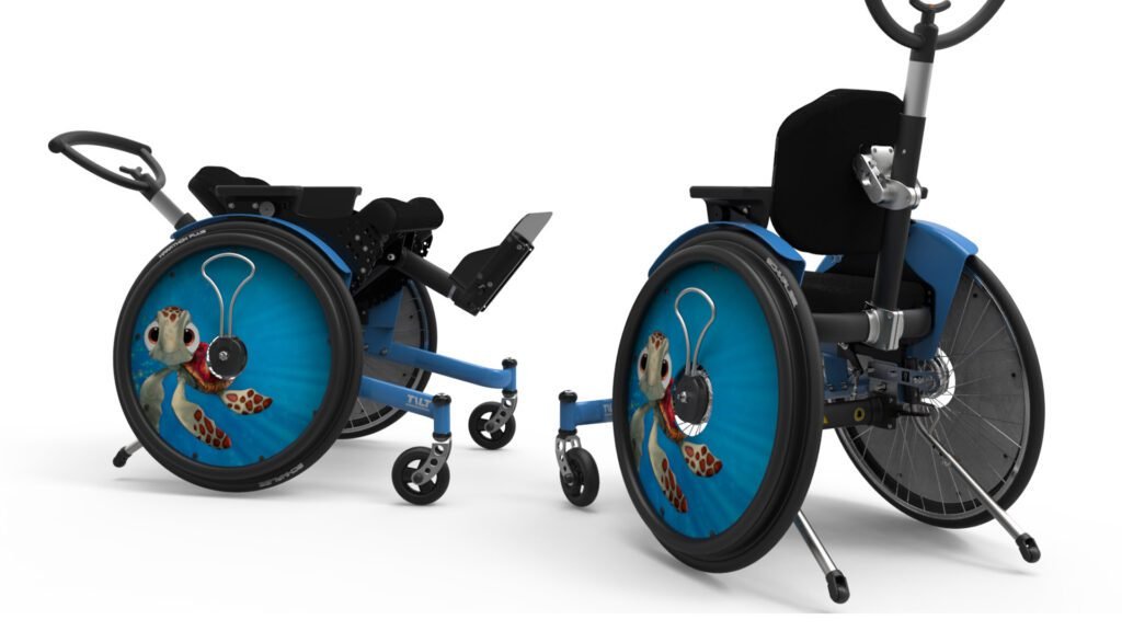 Image: a tilt in space wheelchair from Veldink in blue with cool graphin=cws