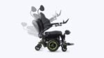 image: A powered electric wheelchairs with special anti shear mostion built in is displayed with green colour accents