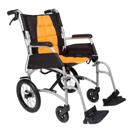 Lightweight folding wheelchair featuring a black and orange design, ideal for mobility assistance, with adjustable footrests and comfortable seating.