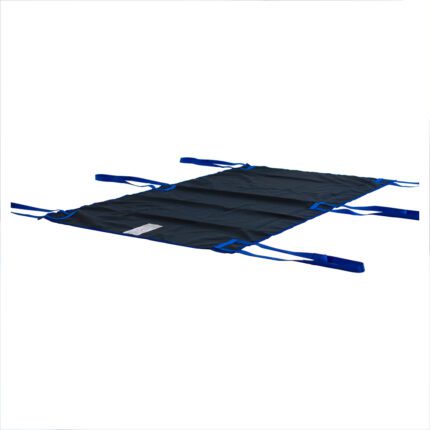 Black emergency slide sheet with blue handles for patient transfer.