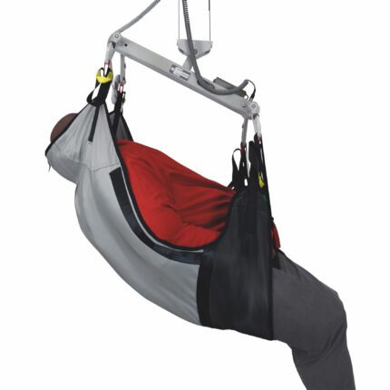 Bariatric deluxe long tucks sling with a person being lifted by a hoist system.