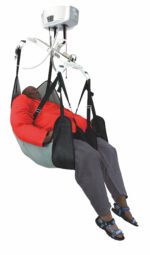 Bariatric in-situ hammock with long tucks supporting a person in a seated position.