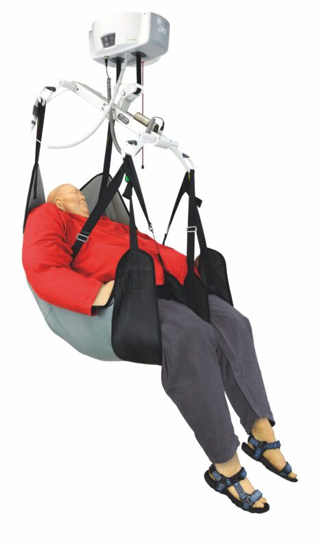 Bariatric in-situ hammock featuring a mannequin seated in a supportive position with short tucks.