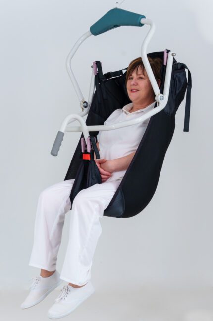 High Easy Sling designed for lifting patients, featuring a supportive seat and safety straps.