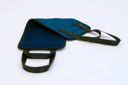 Blue and green fabric bag featuring two handles and a soft interior lining.