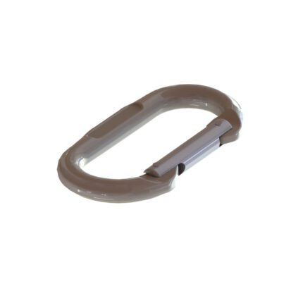 A plastic carabiner clip in a neutral colour with a spring-loaded gate mechanism.