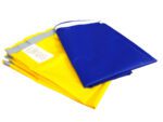 Cylindrical slide sheet featuring yellow and blue sections with taped edges for durability.