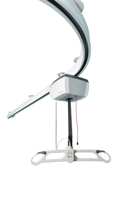 Fixed lift system with a curved rail and control unit for patient handling.