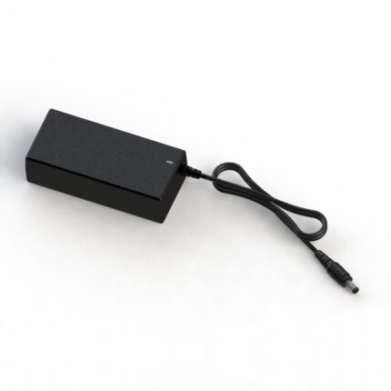 Black lithium-ion charger with a power indicator and a cable connector.