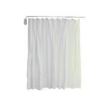 White curtain hanging from a pivoting curtain pole in a neutral setting.