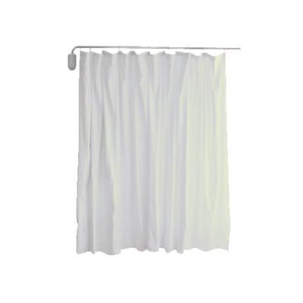 White curtain hanging from a pivoting curtain pole in a neutral setting.