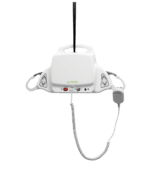 White portable hoist device with control panel and hanging mechanism for lifting.