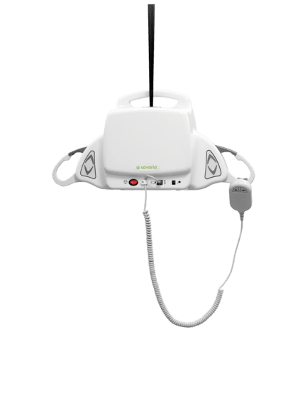 White portable hoist device with control panel and hanging mechanism for lifting.