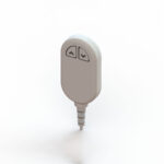 Portable handset with two function buttons for adjusting settings, featuring a simple design.