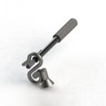 Telescopic reacher tool with a gripping mechanism and a hook end for grasping objects.
