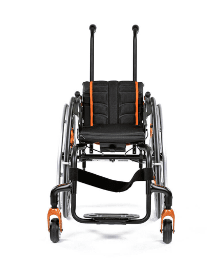 ZIPPIE Simba Rigid Wheelchair with black seat upholstery and orange wheel guards, shown from the front with raised back supports.