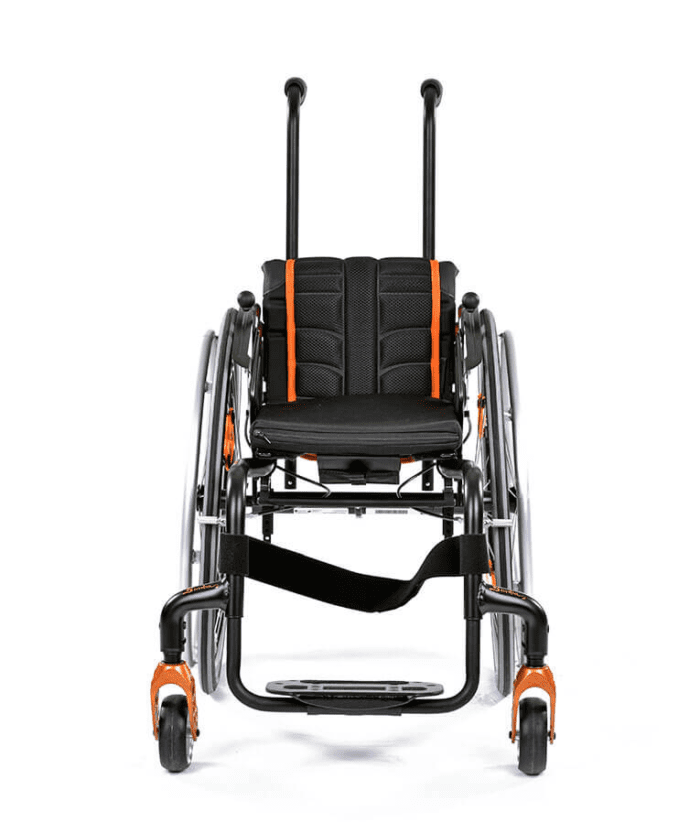 ZIPPIE Simba Rigid Wheelchair with black seat upholstery and orange wheel guards, shown from the front with raised back supports.