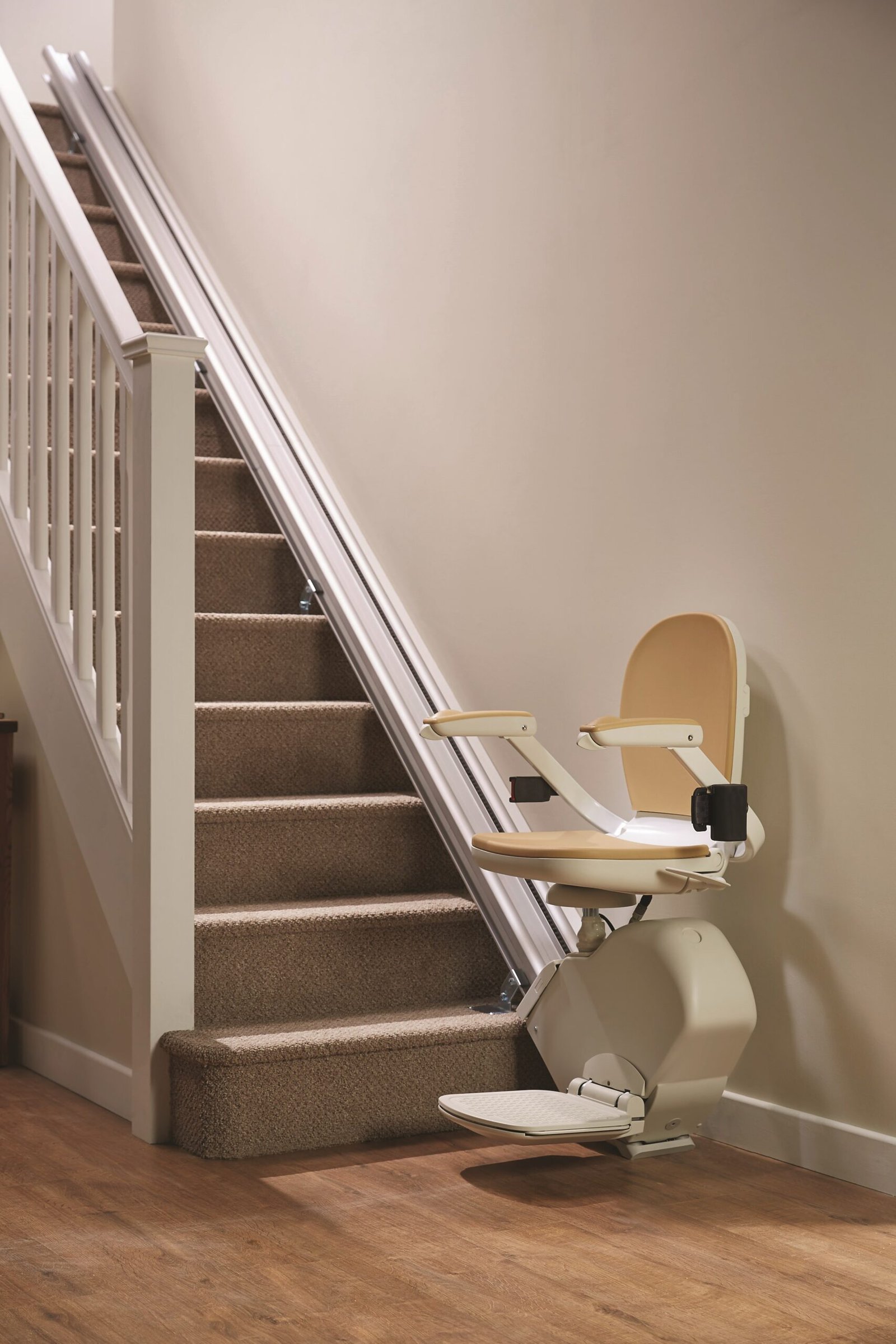 Stairlift installed on domestic staircase for safer home access