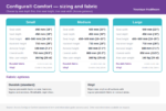 Accora Configura Comfort sizing and fabric guide — Small, Medium, Large seat dimensions, Duratek and Vinyl options