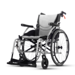 Karma Ergo 3 self-propel wheelchair, side view, pearl silver frame with 24 inch rear wheels