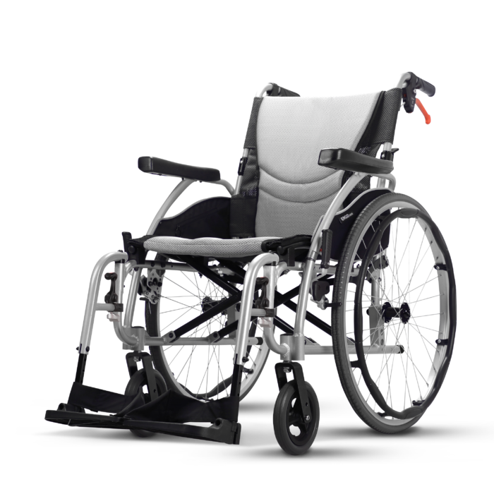 Karma Ergo 3 self-propel wheelchair, side view, pearl silver frame with 24 inch rear wheels